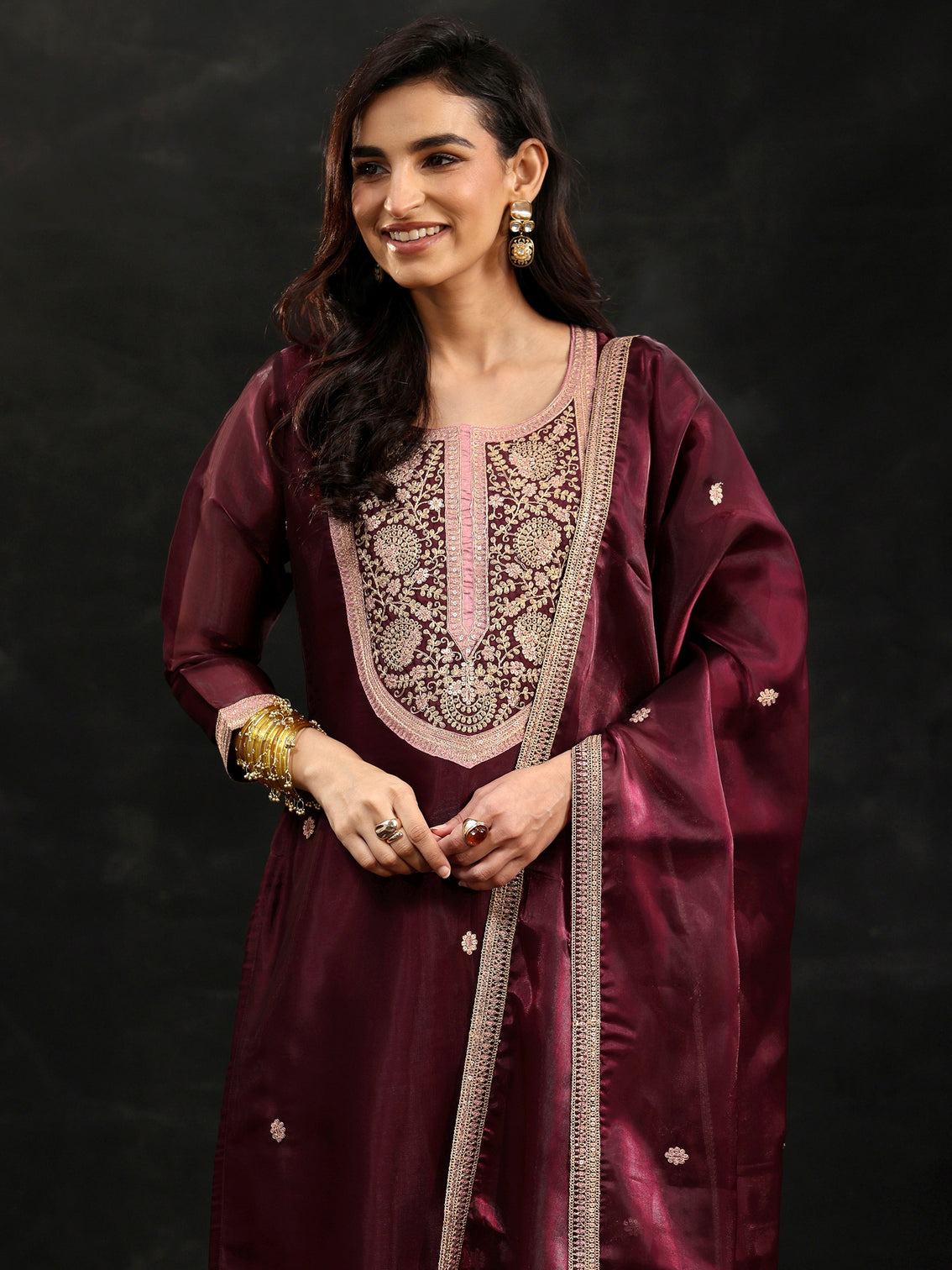 Mameraa Maroon Yoke Design Tissue Straight Suit Set