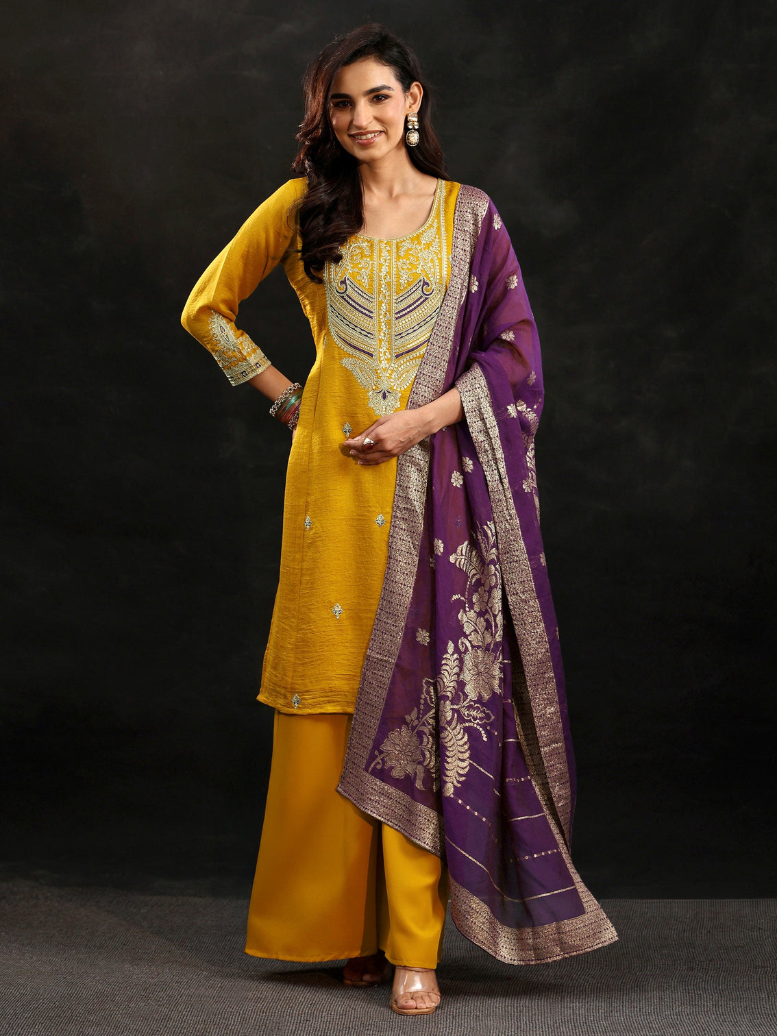 Mameraa Mustard Yoke Design Silk Blend Palazzo Suit Set