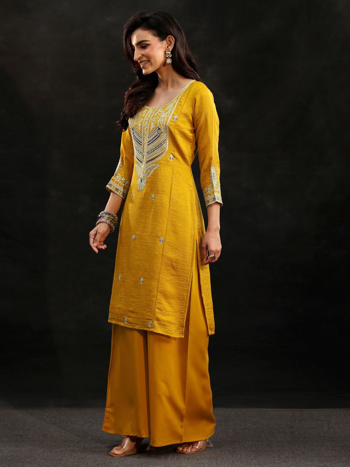 Mameraa Mustard Yoke Design Silk Blend Palazzo Suit Set