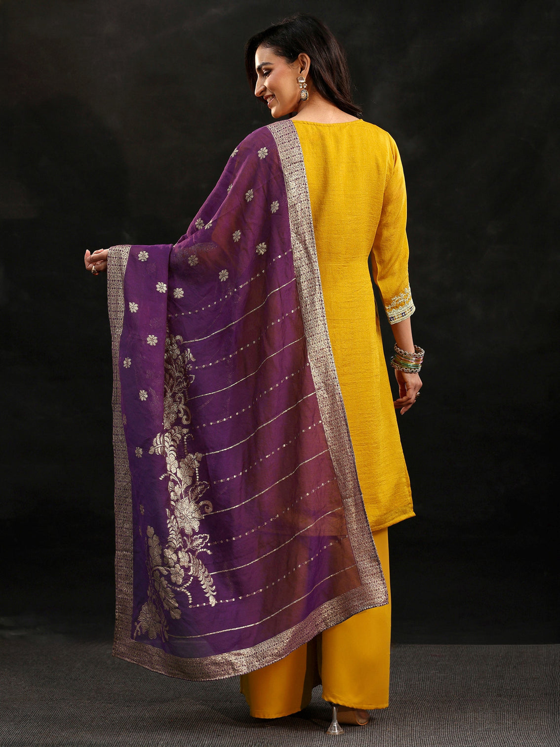 Mameraa Mustard Yoke Design Silk Blend Palazzo Suit Set