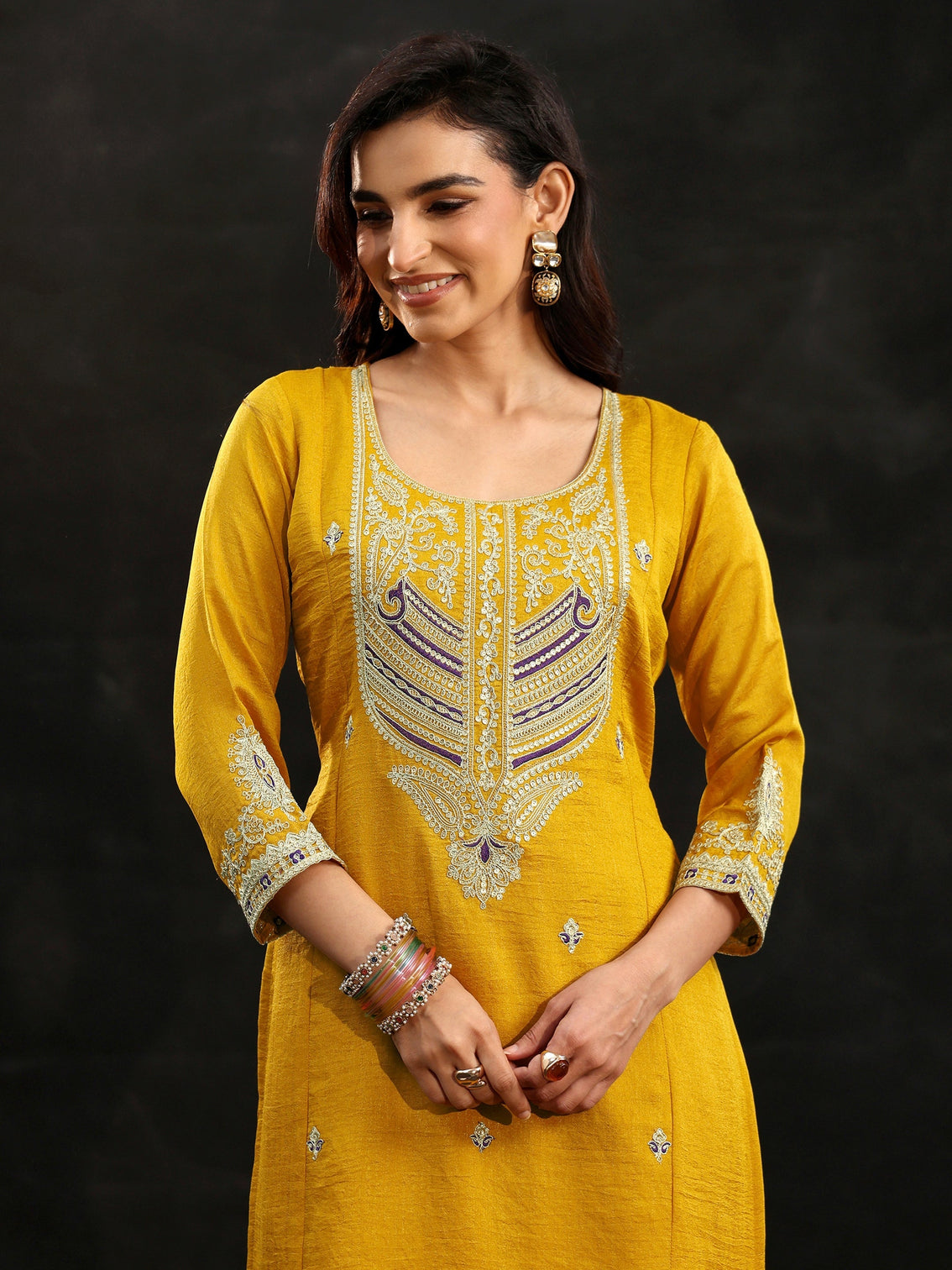 Mameraa Mustard Yoke Design Silk Blend Palazzo Suit Set