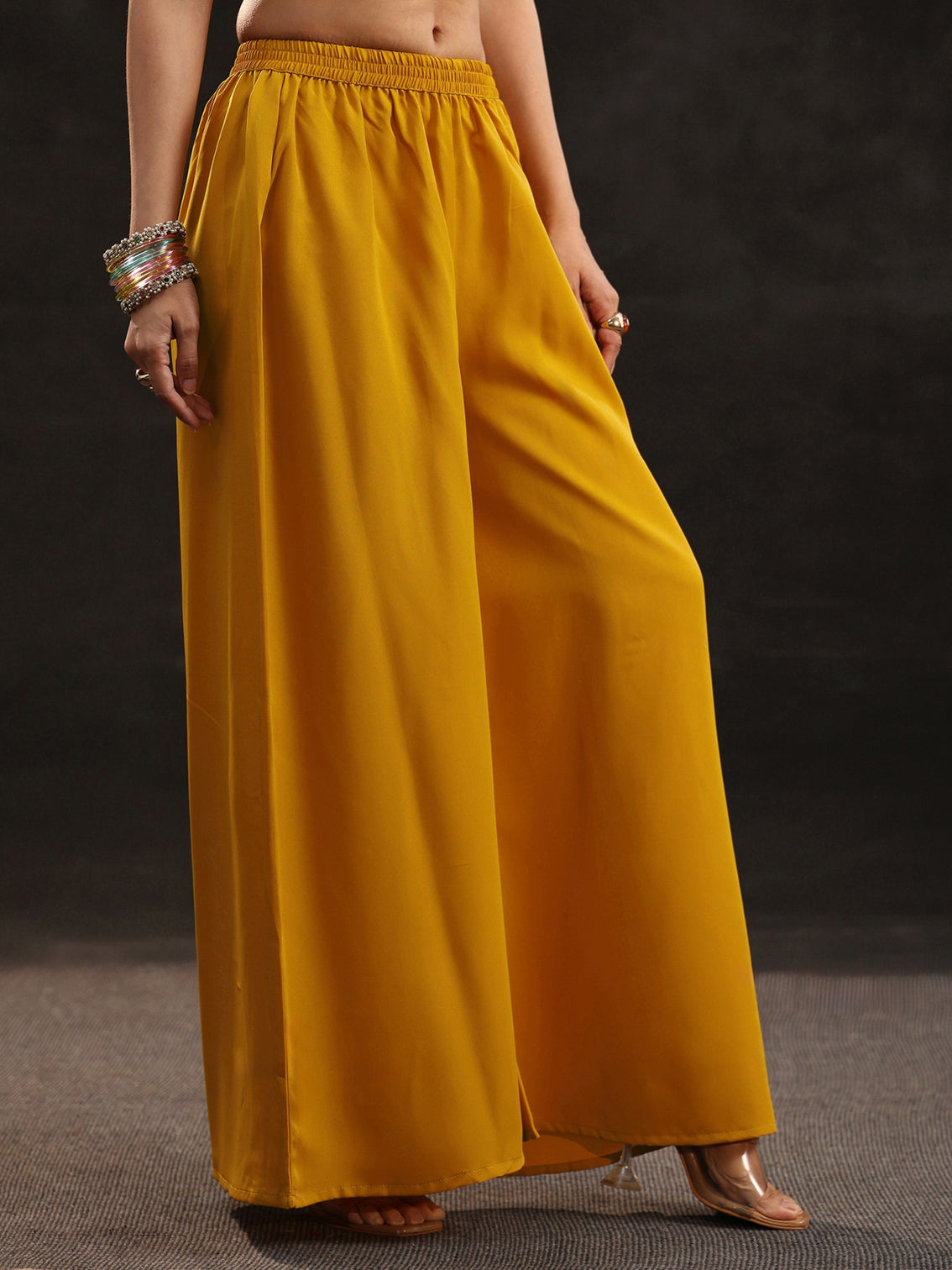 Mameraa Mustard Yoke Design Silk Blend Palazzo Suit Set