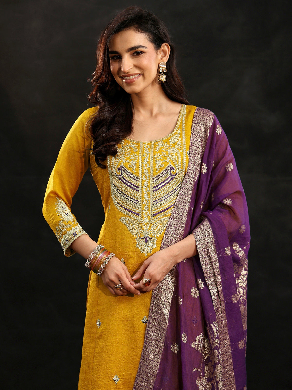 Mameraa Mustard Yoke Design Silk Blend Palazzo Suit Set