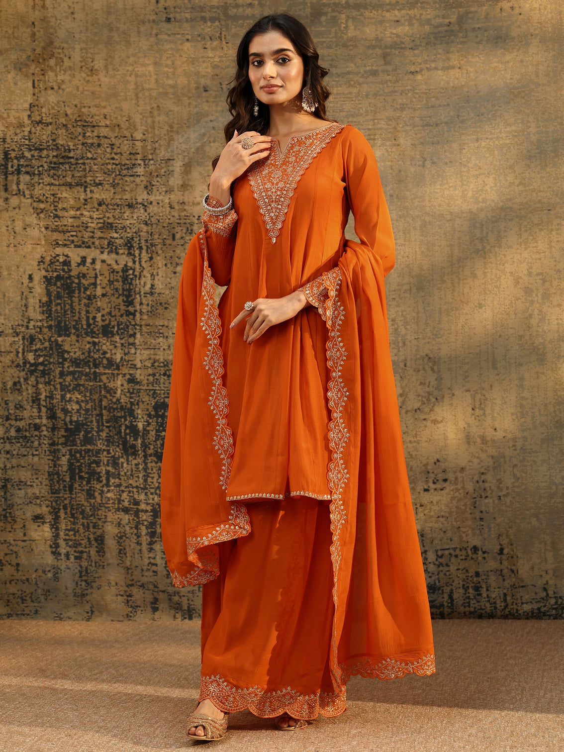 Mameraa Orange Embroidered Chanderi Cotton Anarkali Palazzo Suit Set