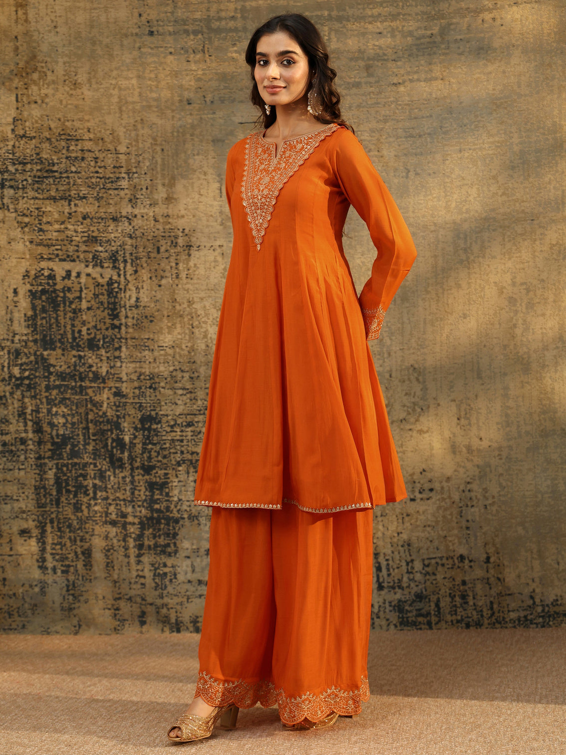 Mameraa Orange Embroidered Chanderi Cotton Anarkali Palazzo Suit Set