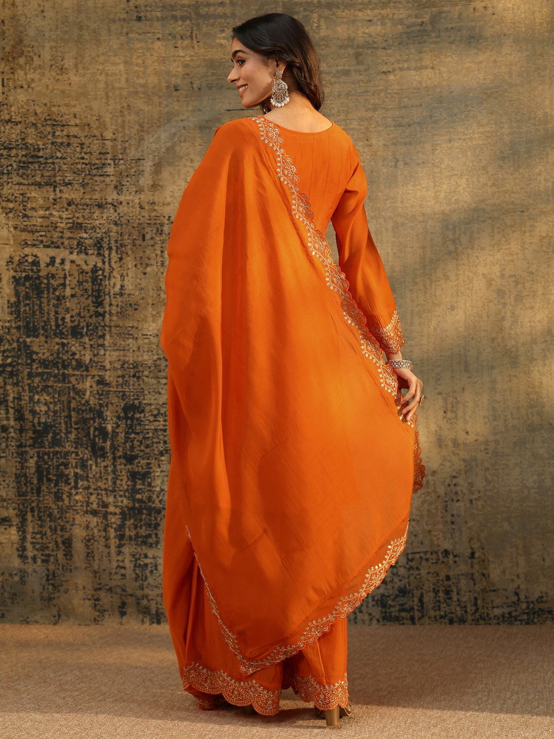 Mameraa Orange Embroidered Chanderi Cotton Anarkali Palazzo Suit Set