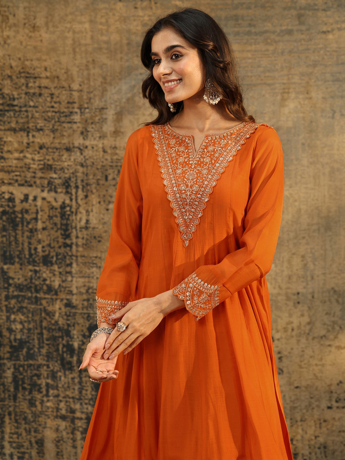 Mameraa Orange Embroidered Chanderi Cotton Anarkali Palazzo Suit Set