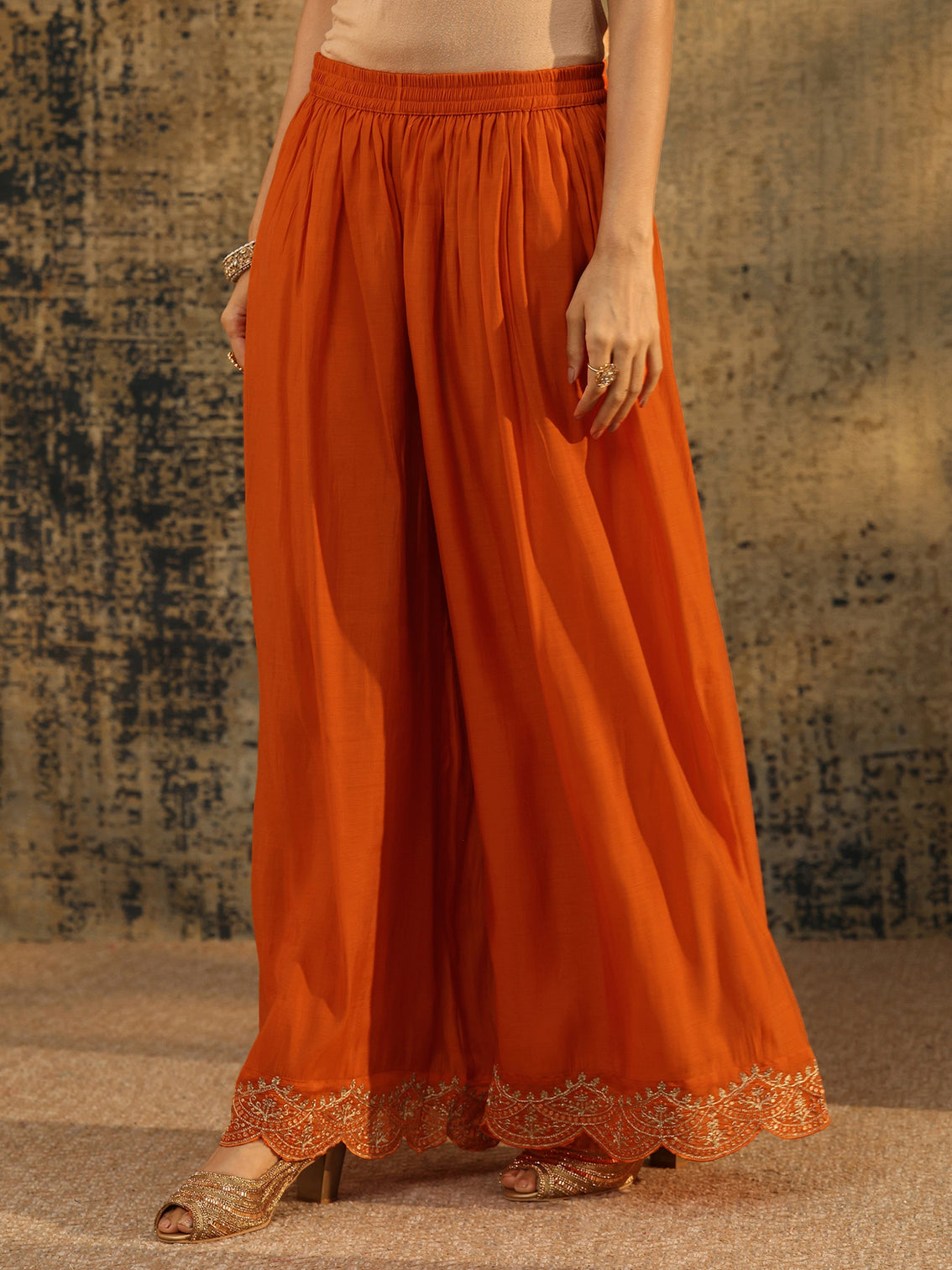 Mameraa Orange Embroidered Chanderi Cotton Anarkali Palazzo Suit Set