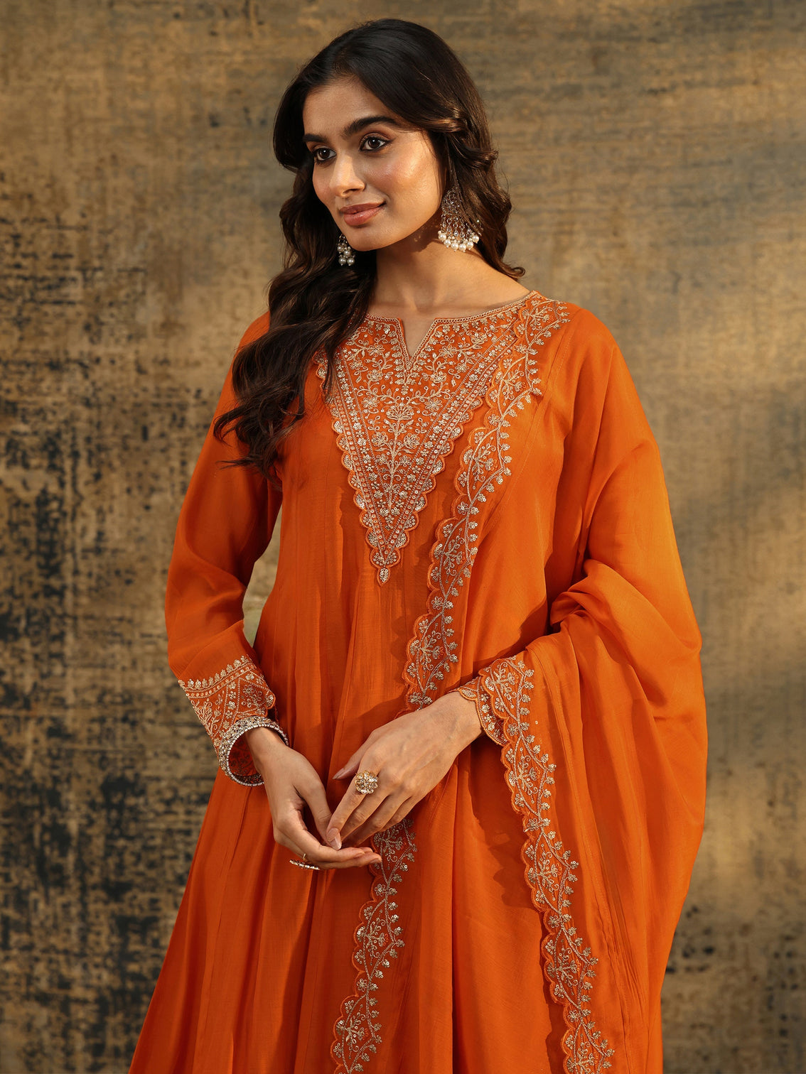 Mameraa Orange Embroidered Chanderi Cotton Anarkali Palazzo Suit Set