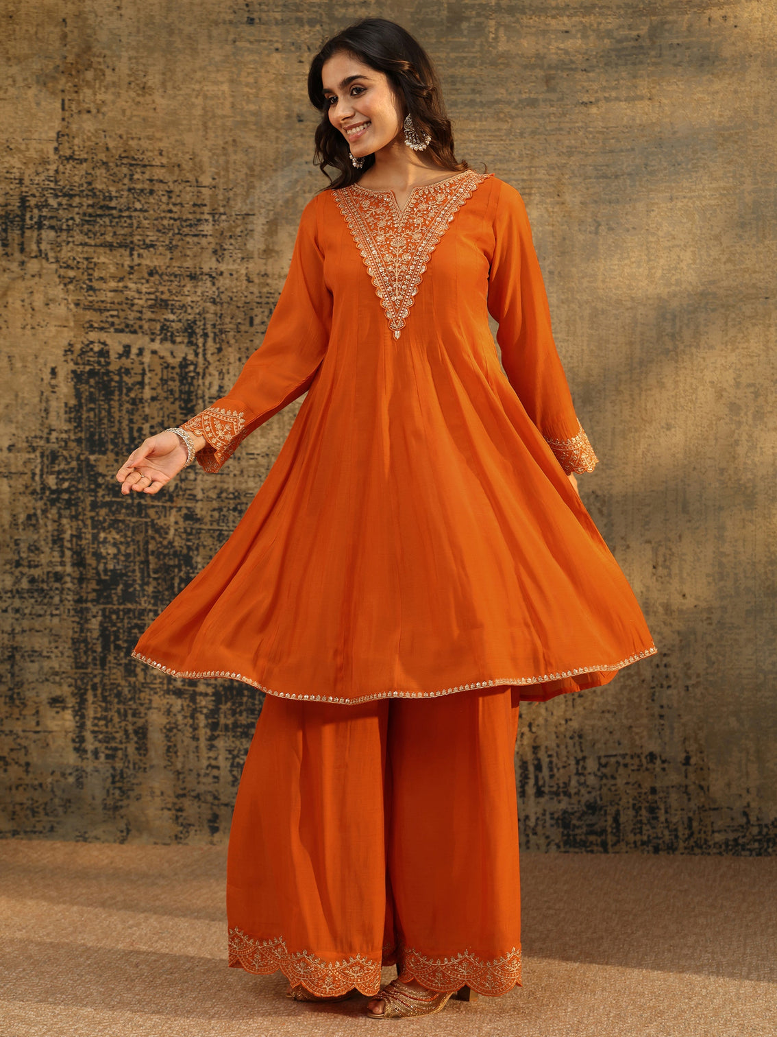 Mameraa Orange Embroidered Chanderi Cotton Anarkali Palazzo Suit Set