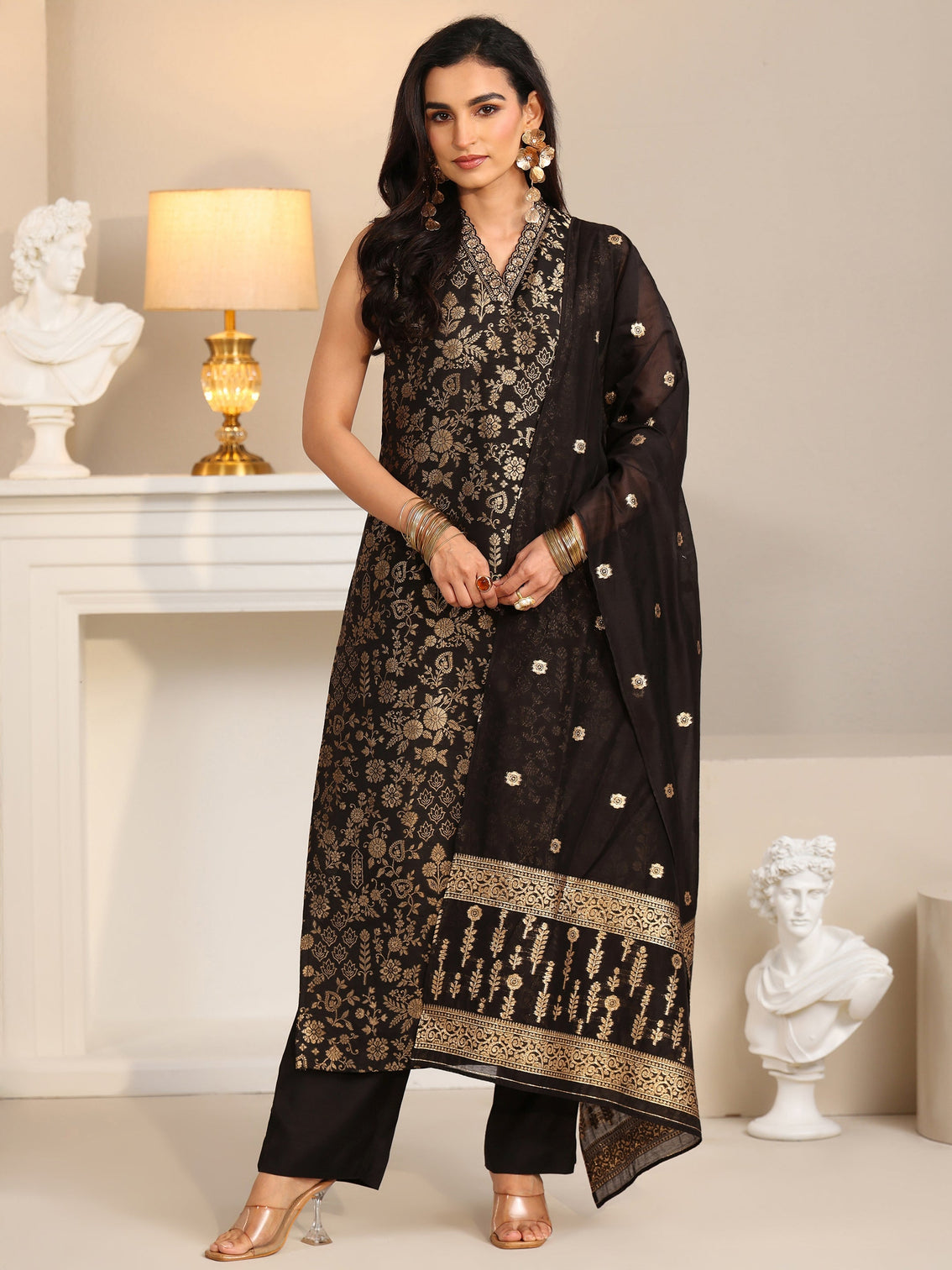 Mameraa Black Floral Woven Design Silk Blend Straight Suit Set