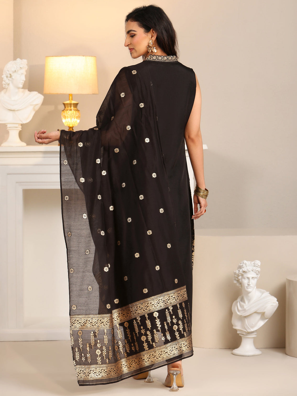Mameraa Black Floral Woven Design Silk Blend Straight Suit Set