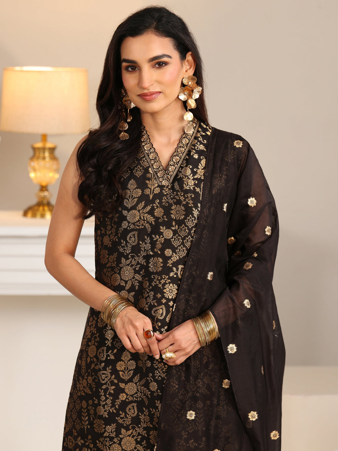 Mameraa Black Floral Woven Design Silk Blend Straight Suit Set