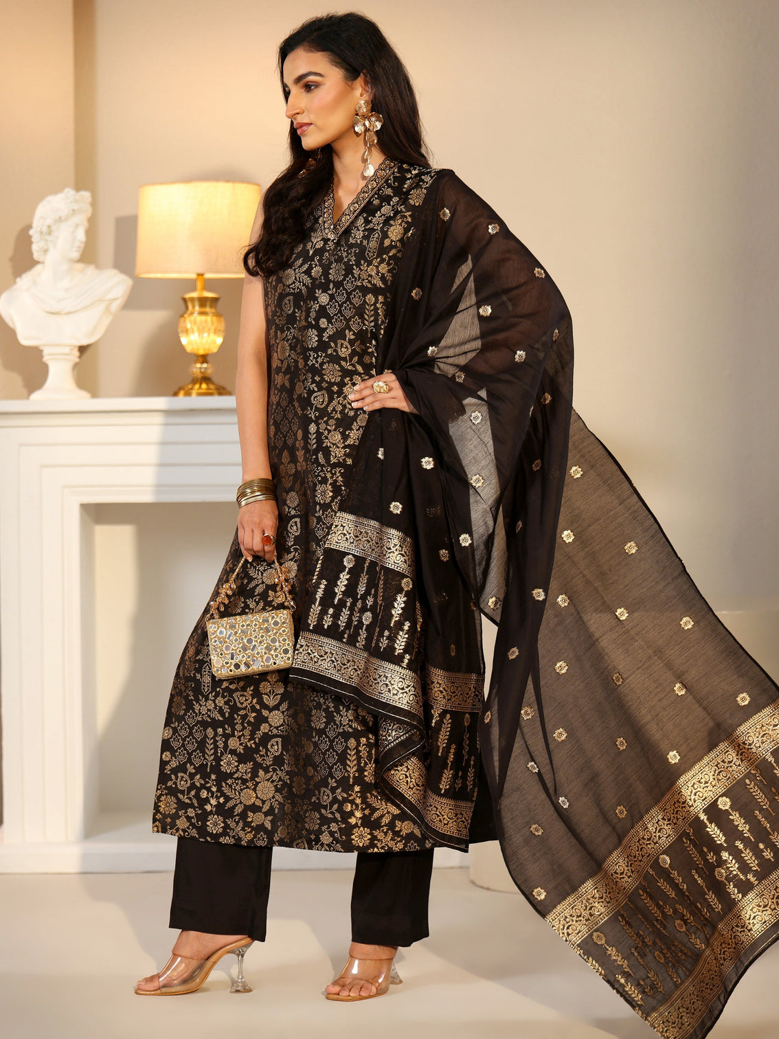 Mameraa Black Floral Woven Design Silk Blend Straight Suit Set