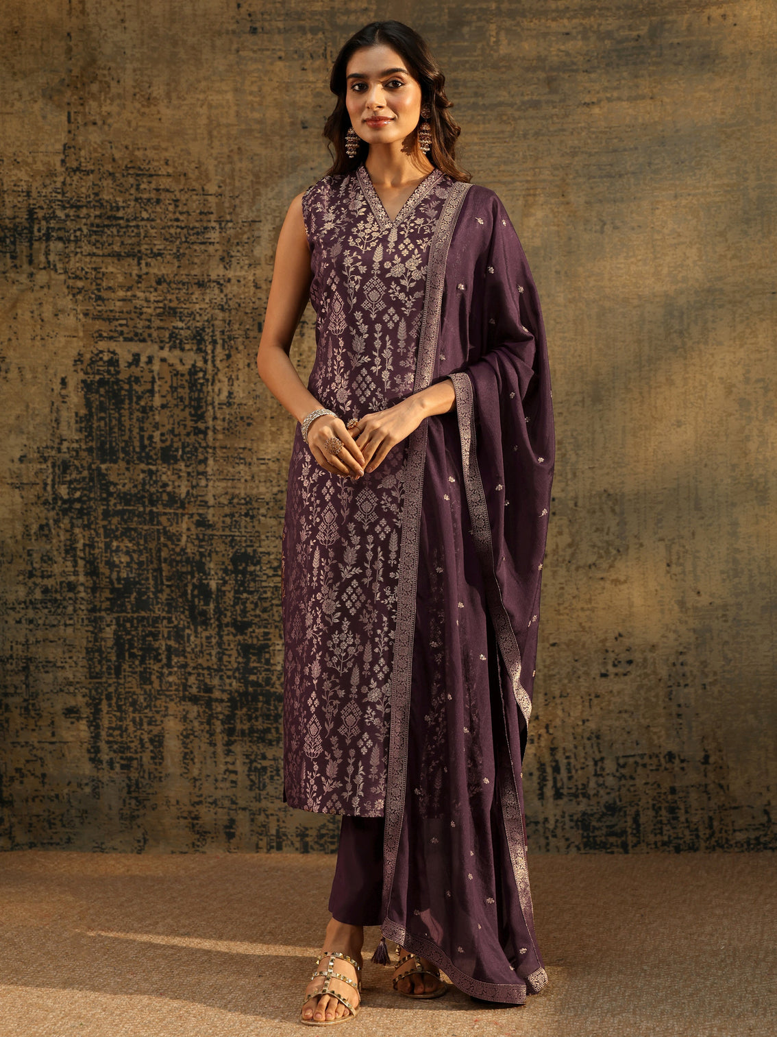 Mameraa Burgundy Floral Woven Design Silk blend Straight Suit Set