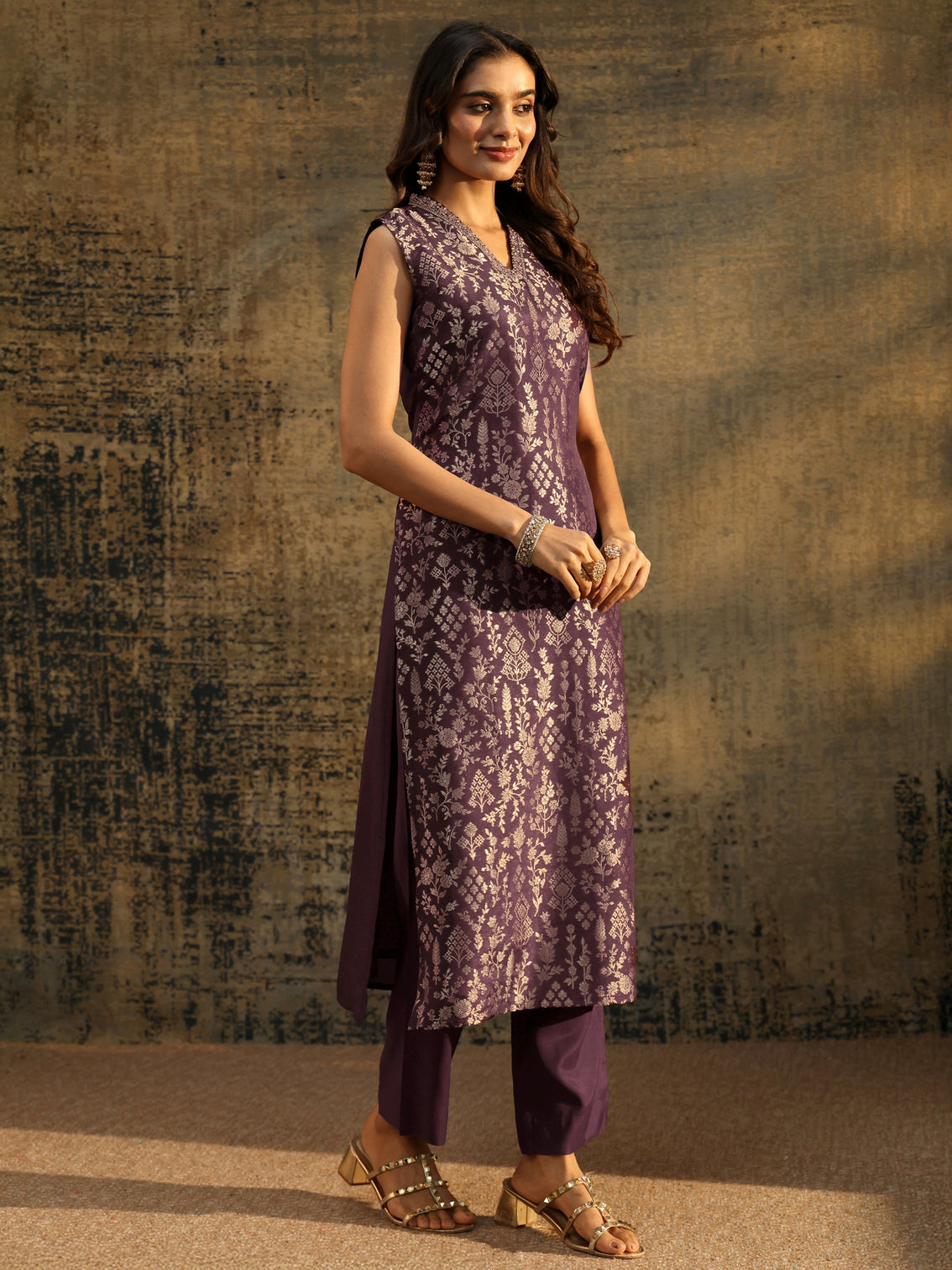 Mameraa Burgundy Floral Woven Design Silk blend Straight Suit Set