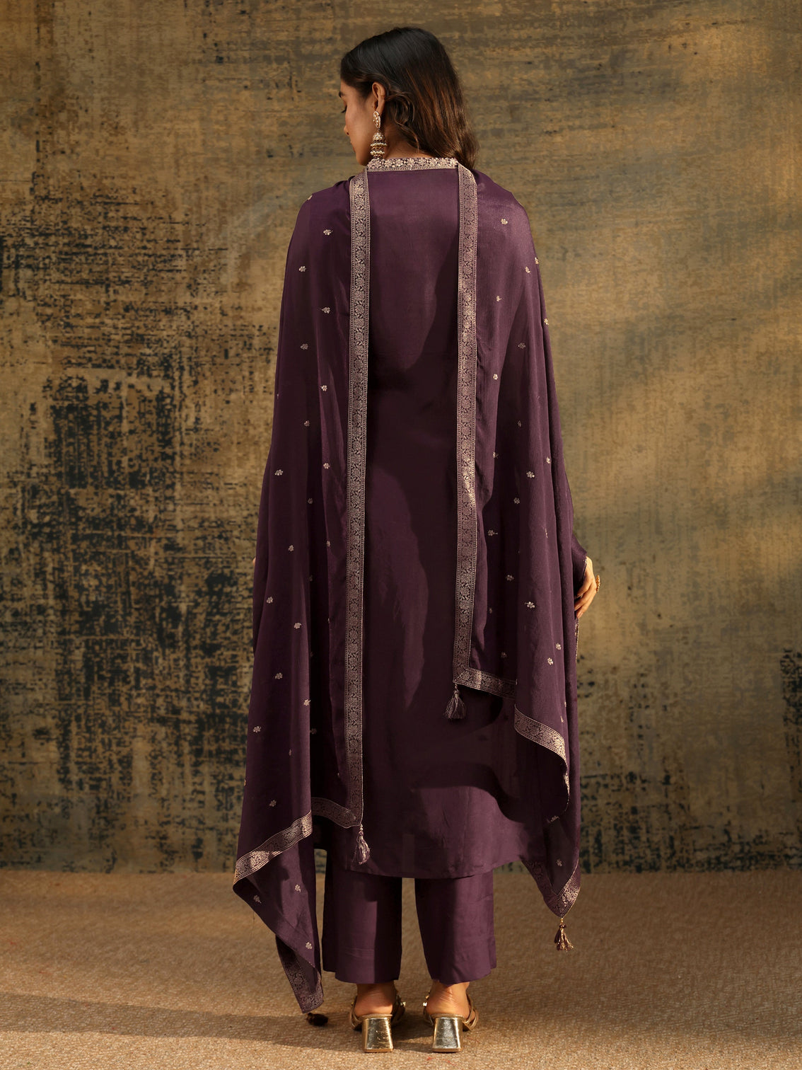 Mameraa Burgundy Floral Woven Design Silk blend Straight Suit Set