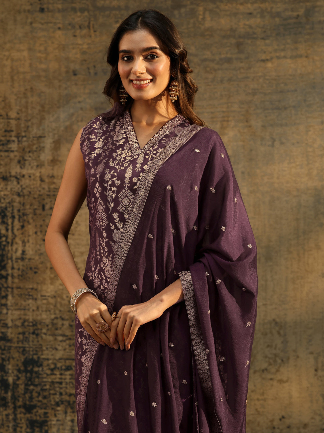Mameraa Burgundy Floral Woven Design Silk blend Straight Suit Set