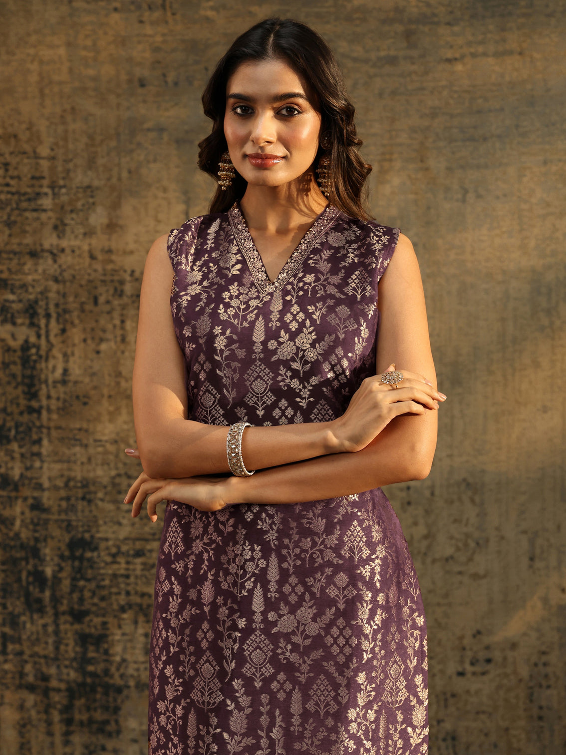 Mameraa Burgundy Floral Woven Design Silk blend Straight Suit Set