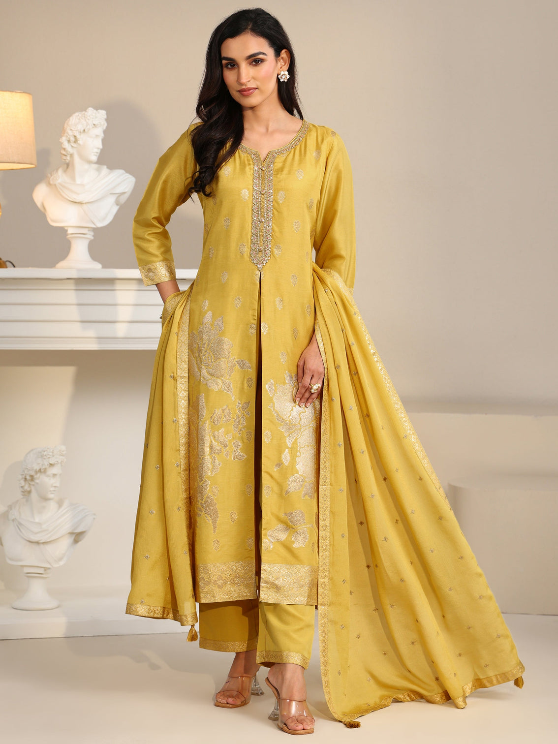 Mameraa Yellow Woven Design Front Slit Silk Blend Straight Suit Set