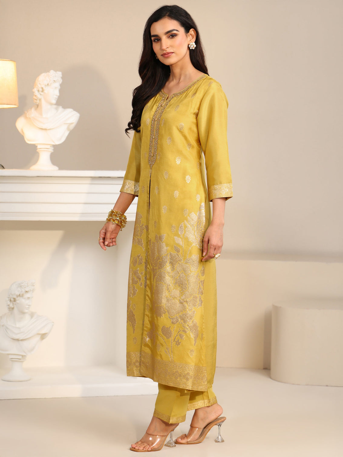 Mameraa Yellow Woven Design Front Slit Silk Blend Straight Suit Set