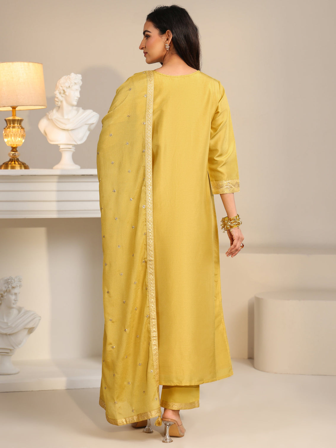 Mameraa Yellow Woven Design Front Slit Silk Blend Straight Suit Set