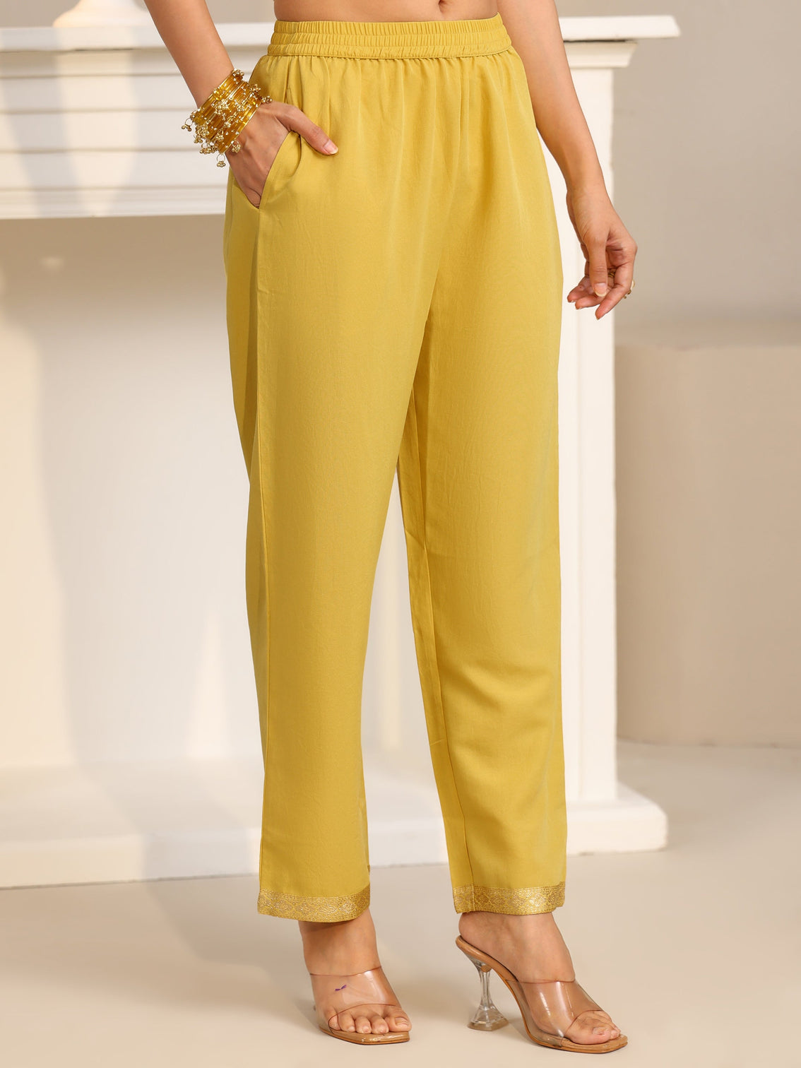 Mameraa Yellow Woven Design Front Slit Silk Blend Straight Suit Set