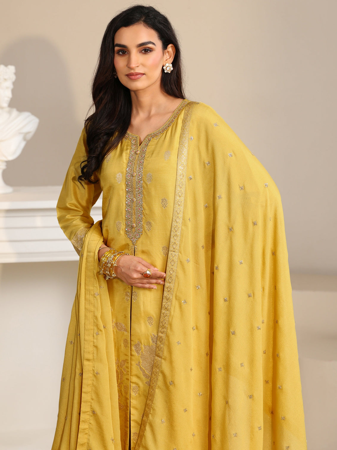 Mameraa Yellow Woven Design Front Slit Silk Blend Straight Suit Set