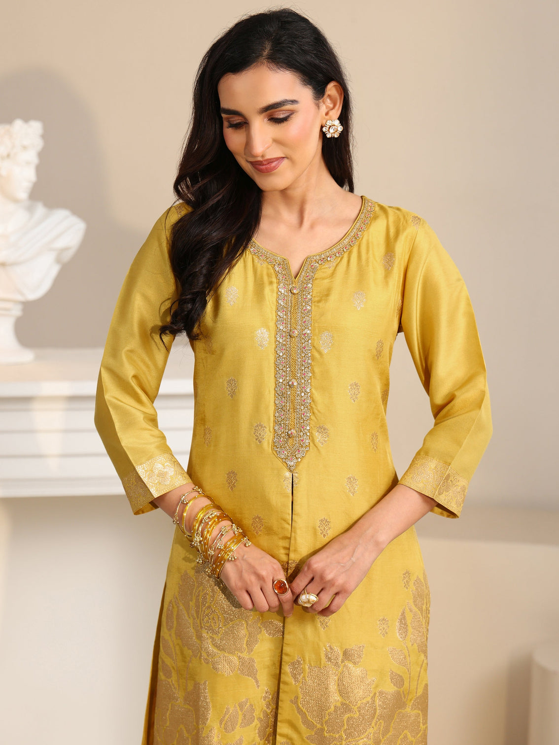Mameraa Yellow Woven Design Front Slit Silk Blend Straight Suit Set
