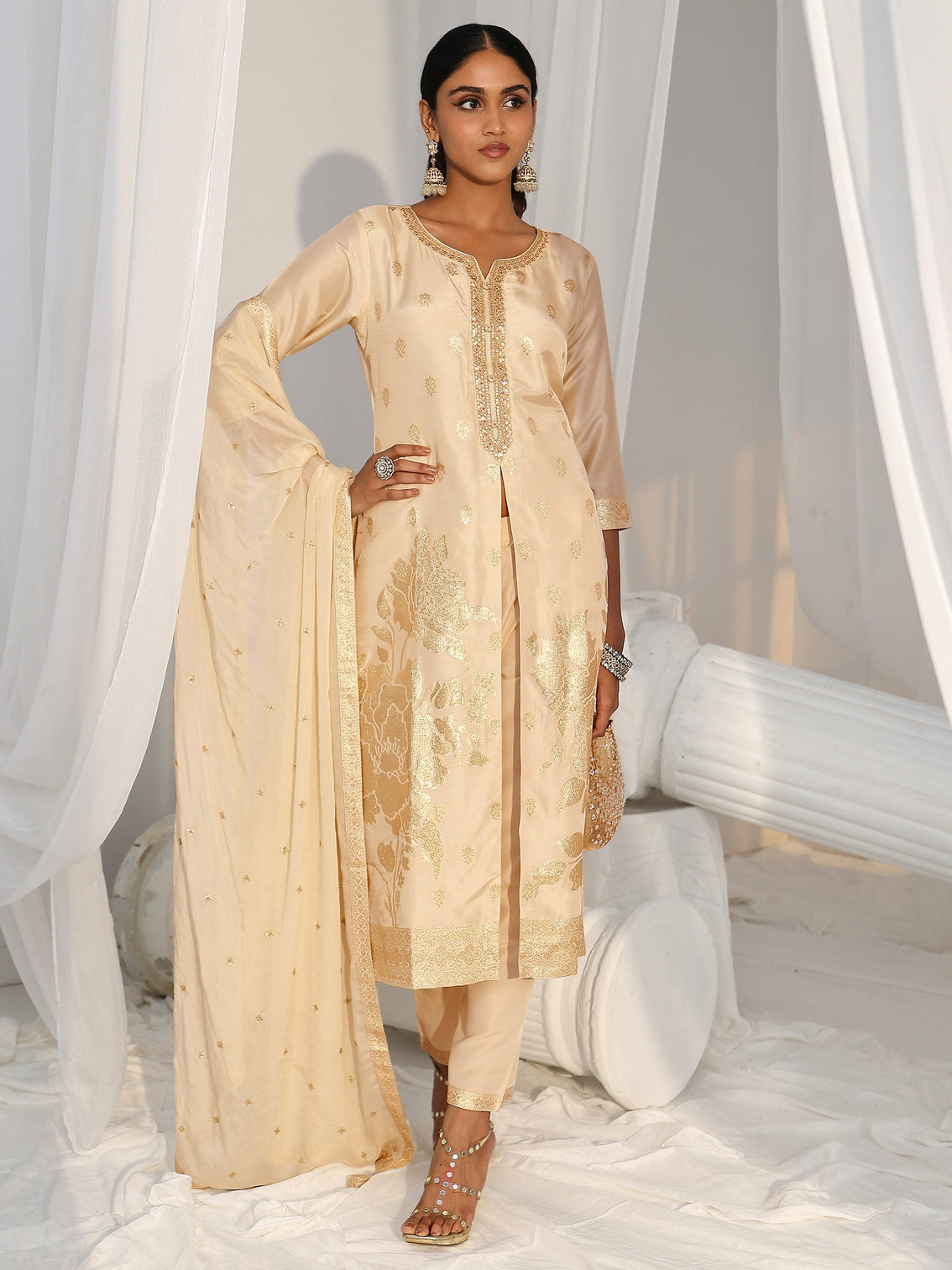 Mameraa Cream Woven Design Front Slit Silk Blend Straight Suit Set