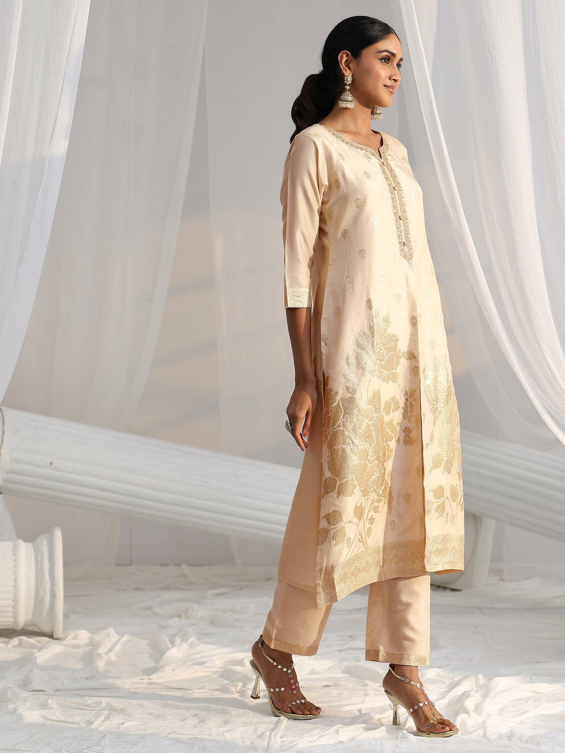 Mameraa Cream Woven Design Front Slit Silk Blend Straight Suit Set