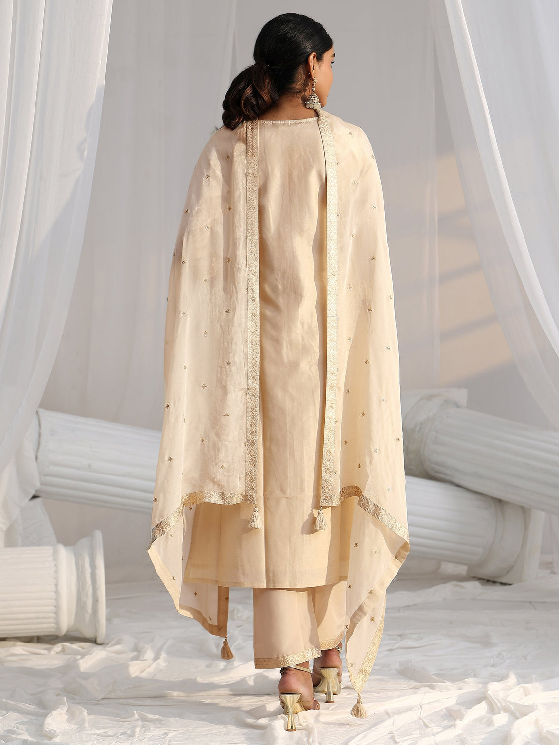 Mameraa Cream Woven Design Front Slit Silk Blend Straight Suit Set