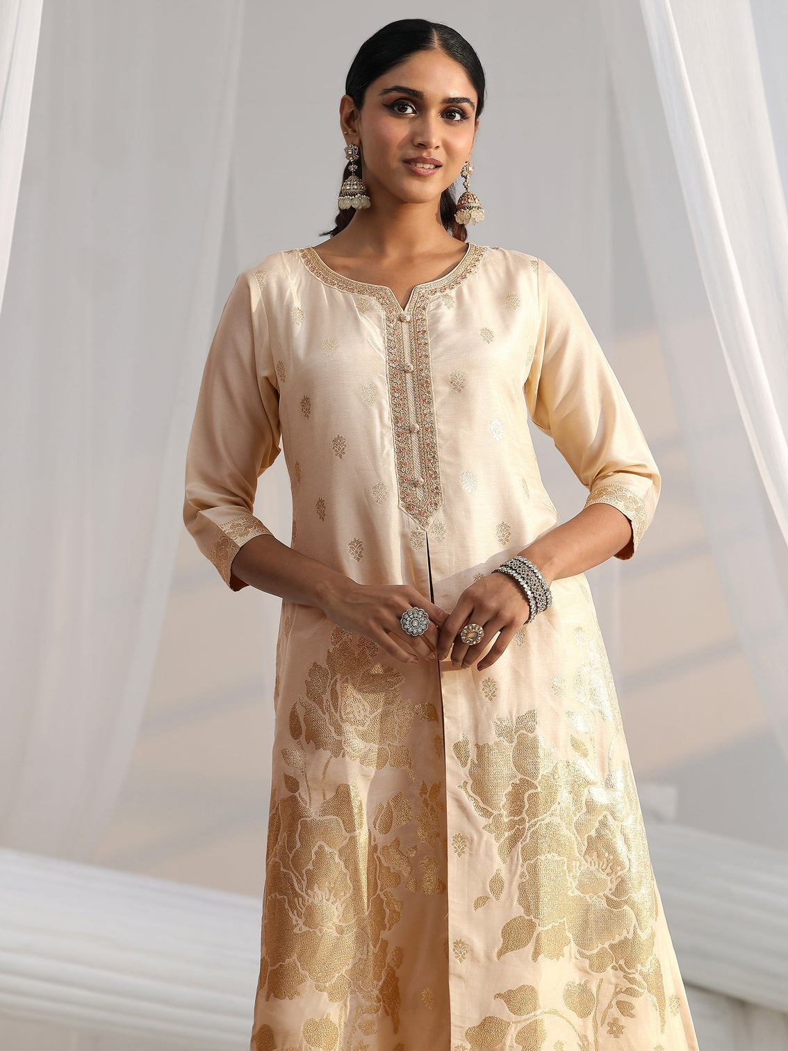 Mameraa Cream Woven Design Front Slit Silk Blend Straight Suit Set