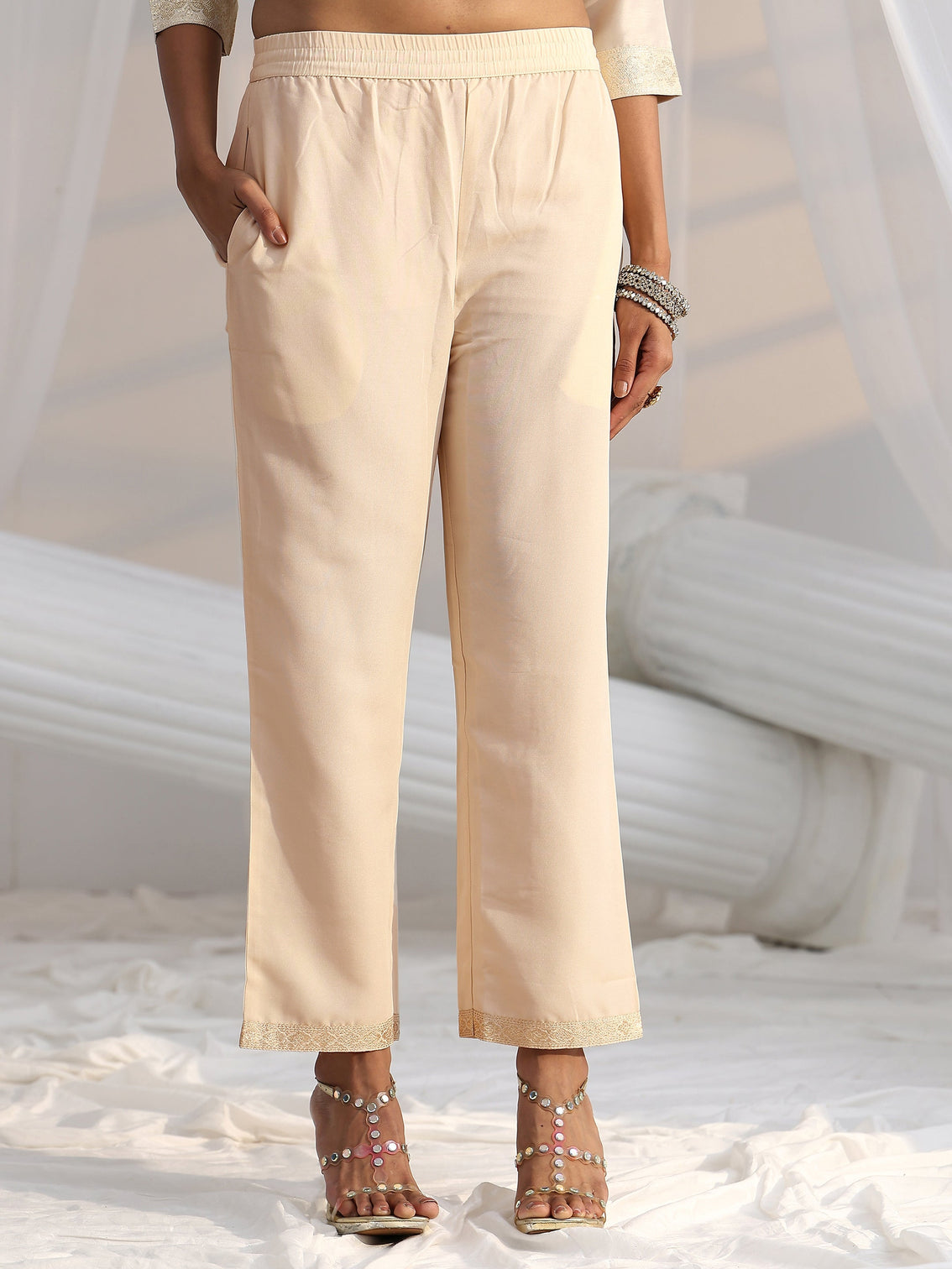 Mameraa Cream Woven Design Front Slit Silk Blend Straight Suit Set