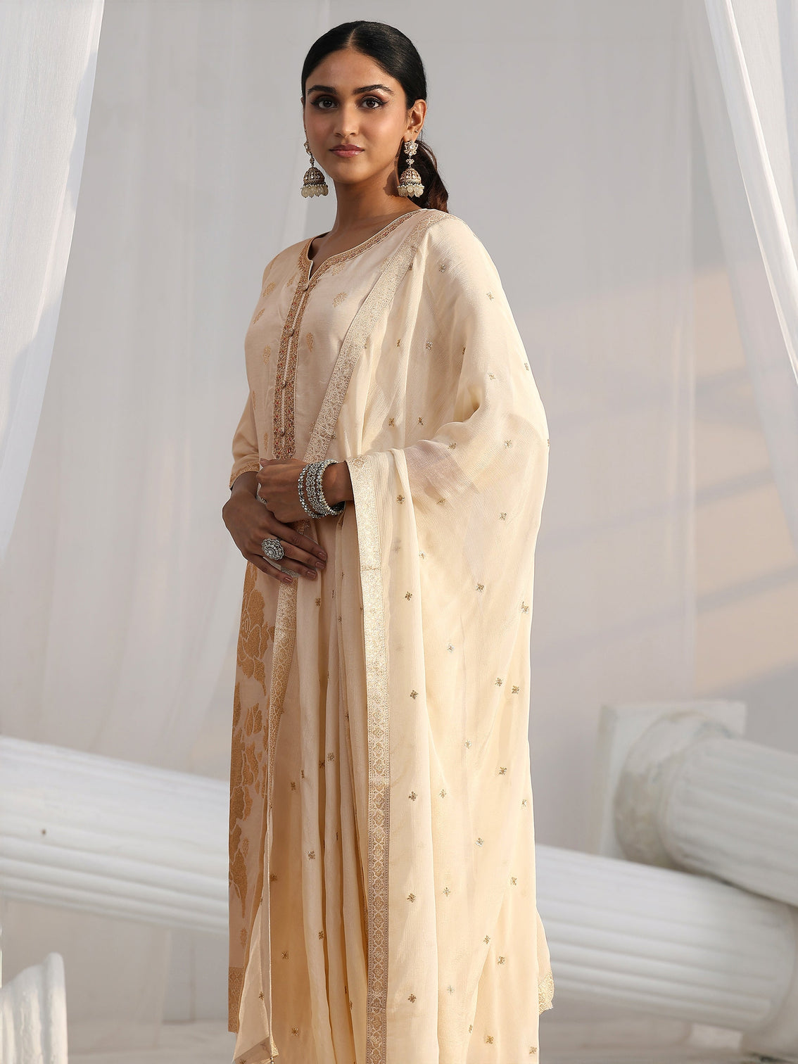Mameraa Cream Woven Design Front Slit Silk Blend Straight Suit Set