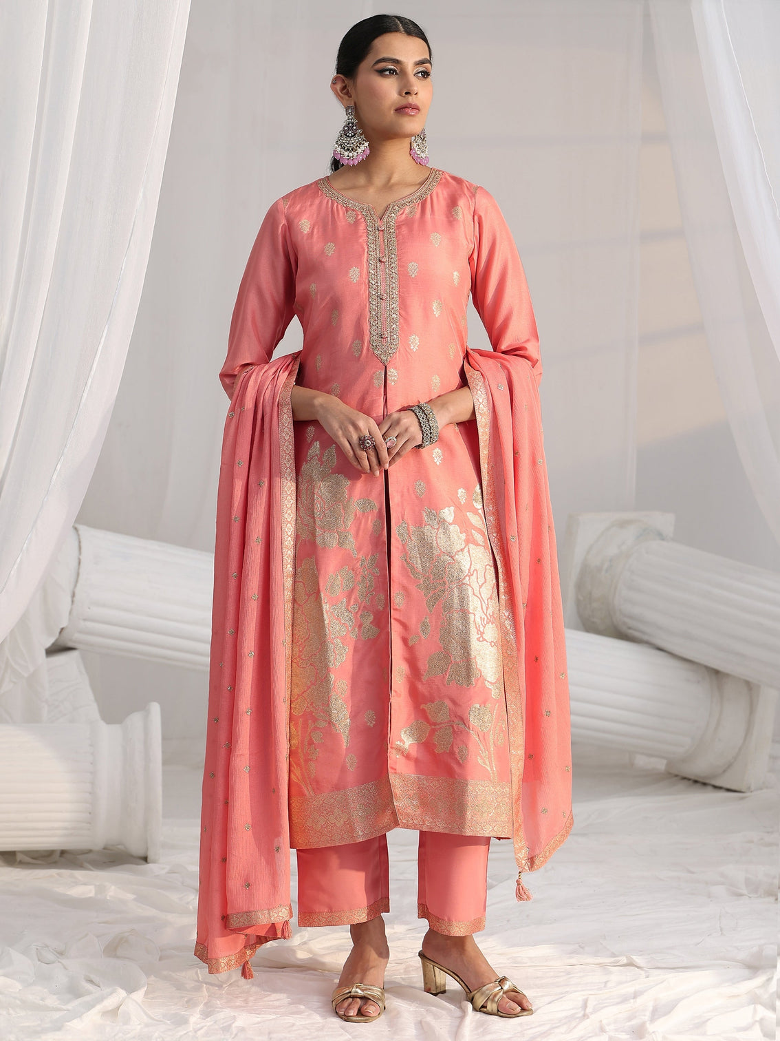 Mameraa Peach Pink Woven Design Front Slit Silk Blend Straight Suit Set