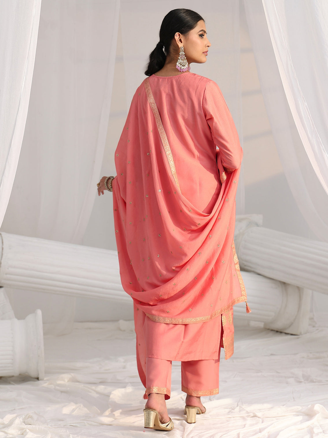 Mameraa Peach Pink Woven Design Front Slit Silk Blend Straight Suit Set