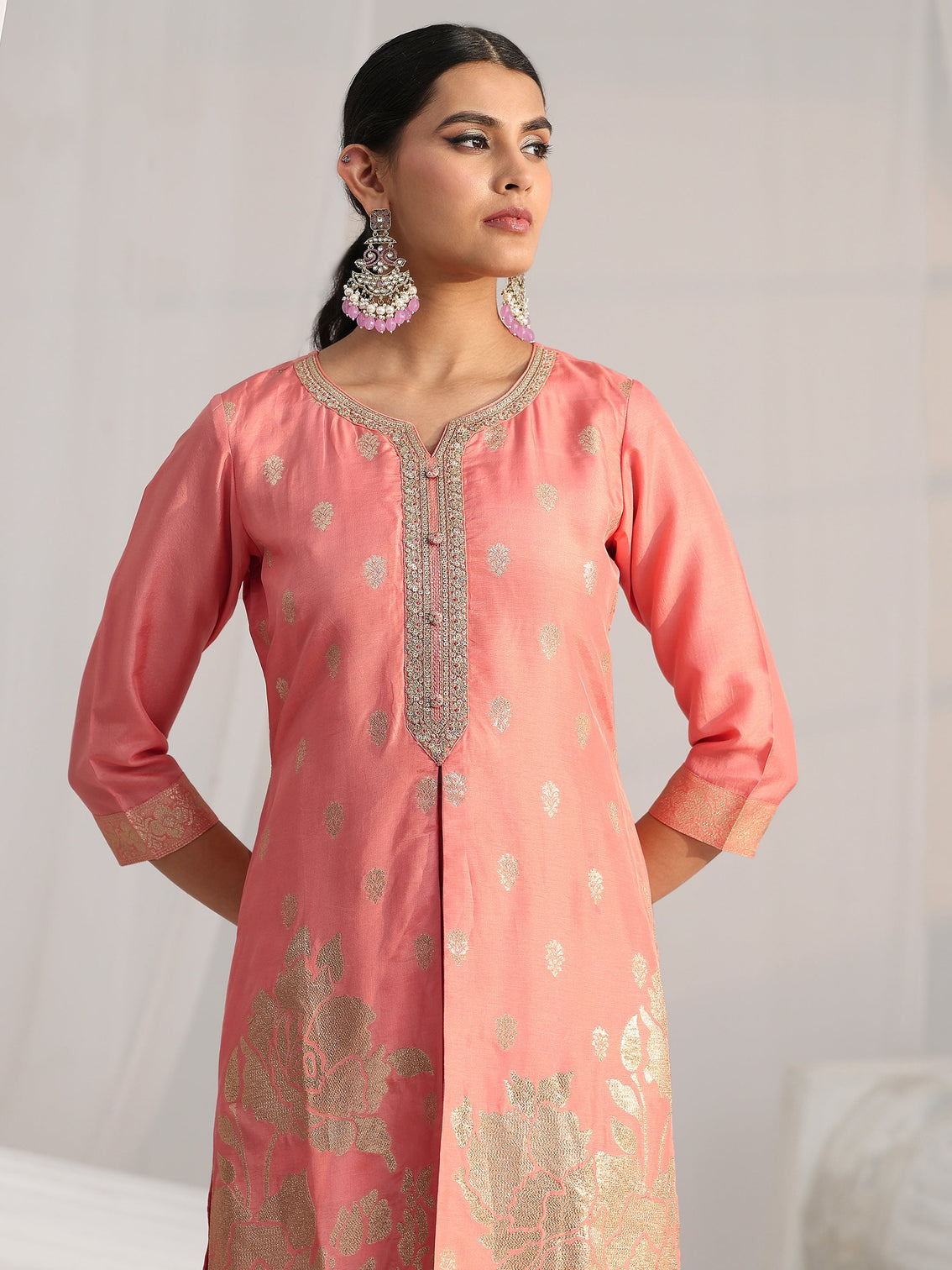 Mameraa Peach Pink Woven Design Front Slit Silk Blend Straight Suit Set