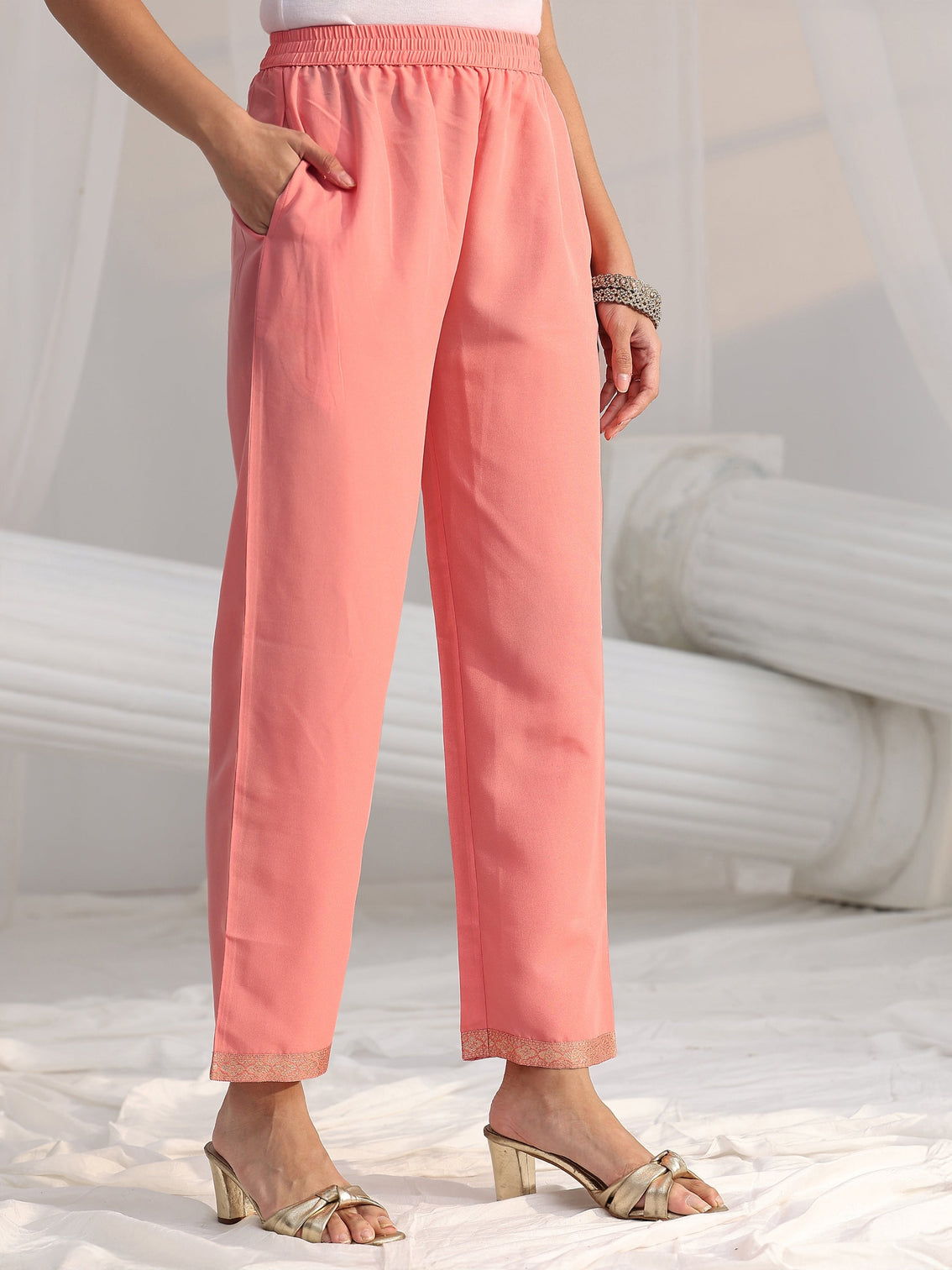 Mameraa Peach Pink Woven Design Front Slit Silk Blend Straight Suit Set