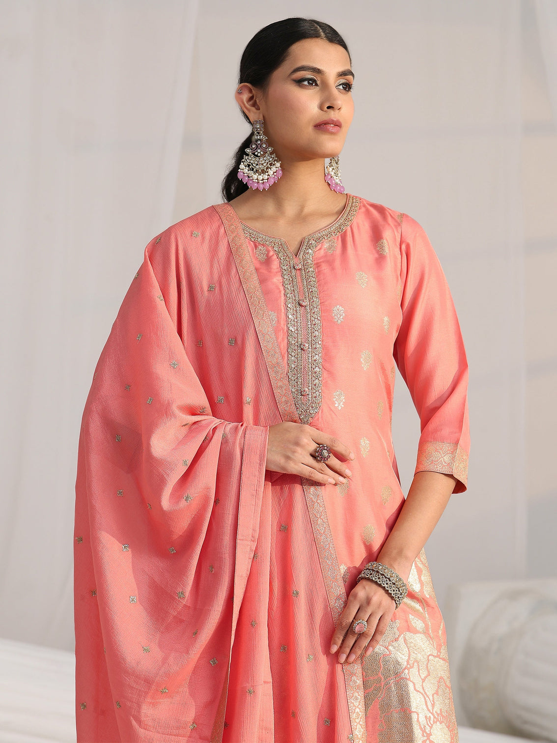 Mameraa Peach Pink Woven Design Front Slit Silk Blend Straight Suit Set