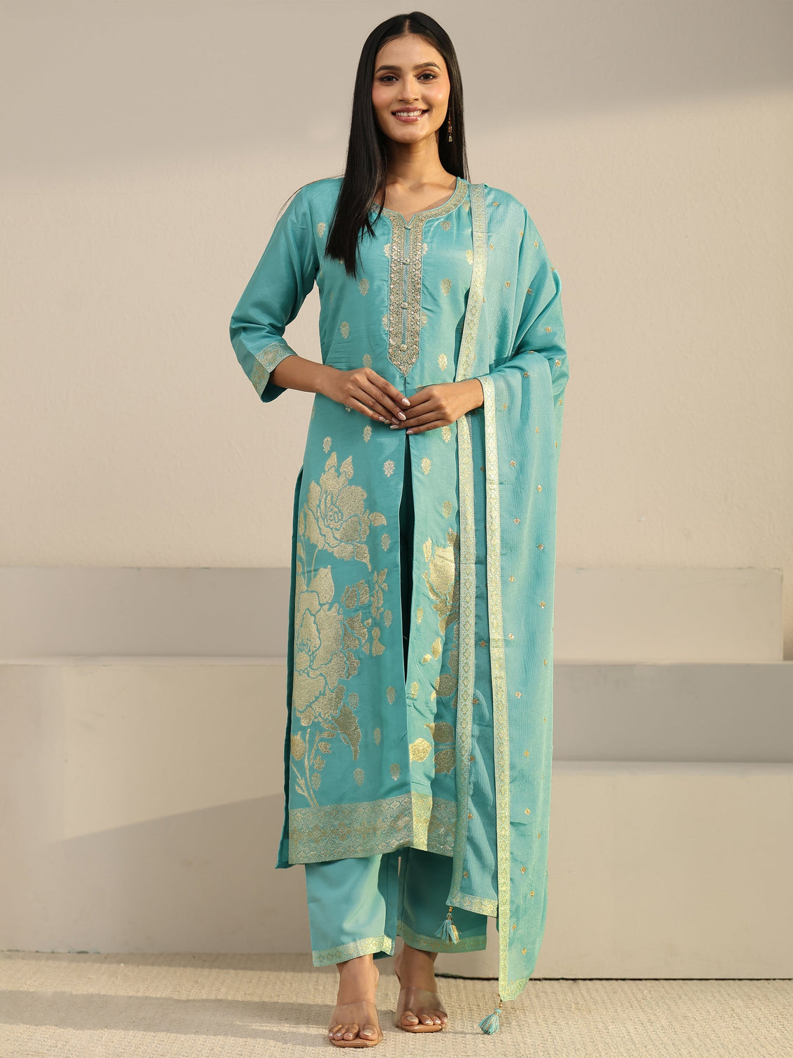 Mameraa Turquoise Blue Floral Embroidered Silk Blend Straight Suit Set