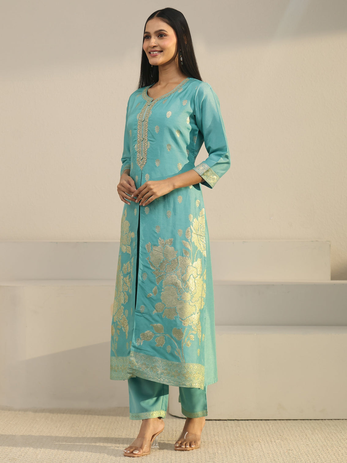 Mameraa Turquoise Blue Floral Embroidered Silk Blend Straight Suit Set