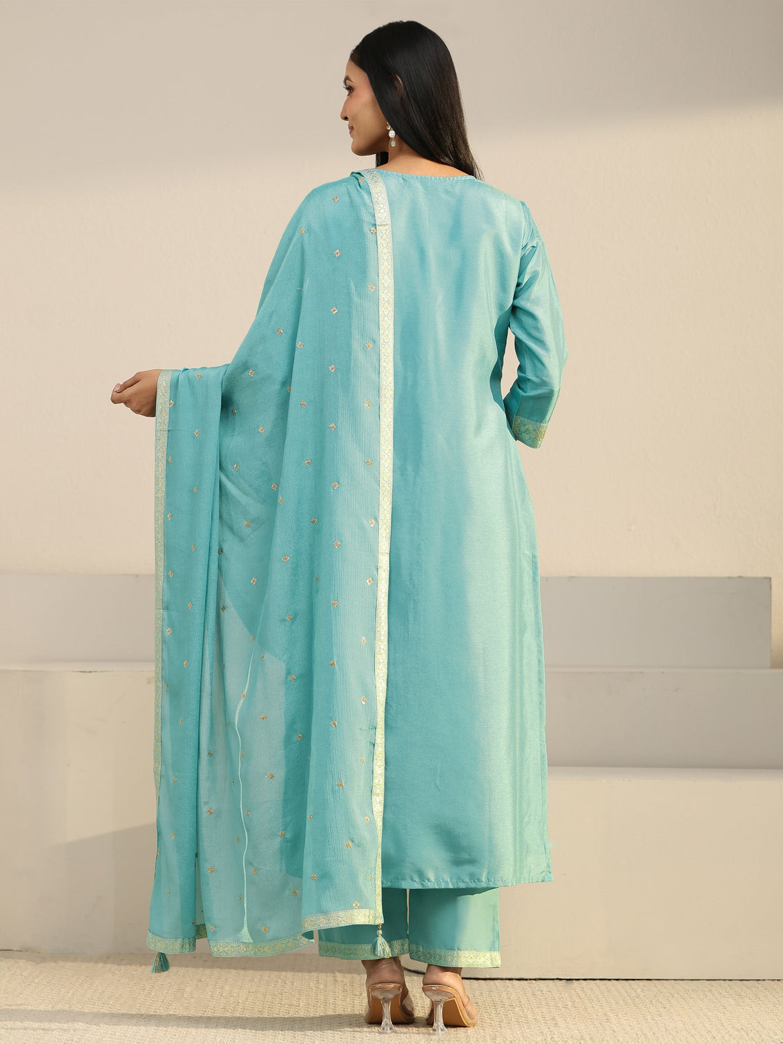 Mameraa Turquoise Blue Floral Embroidered Silk Blend Straight Suit Set