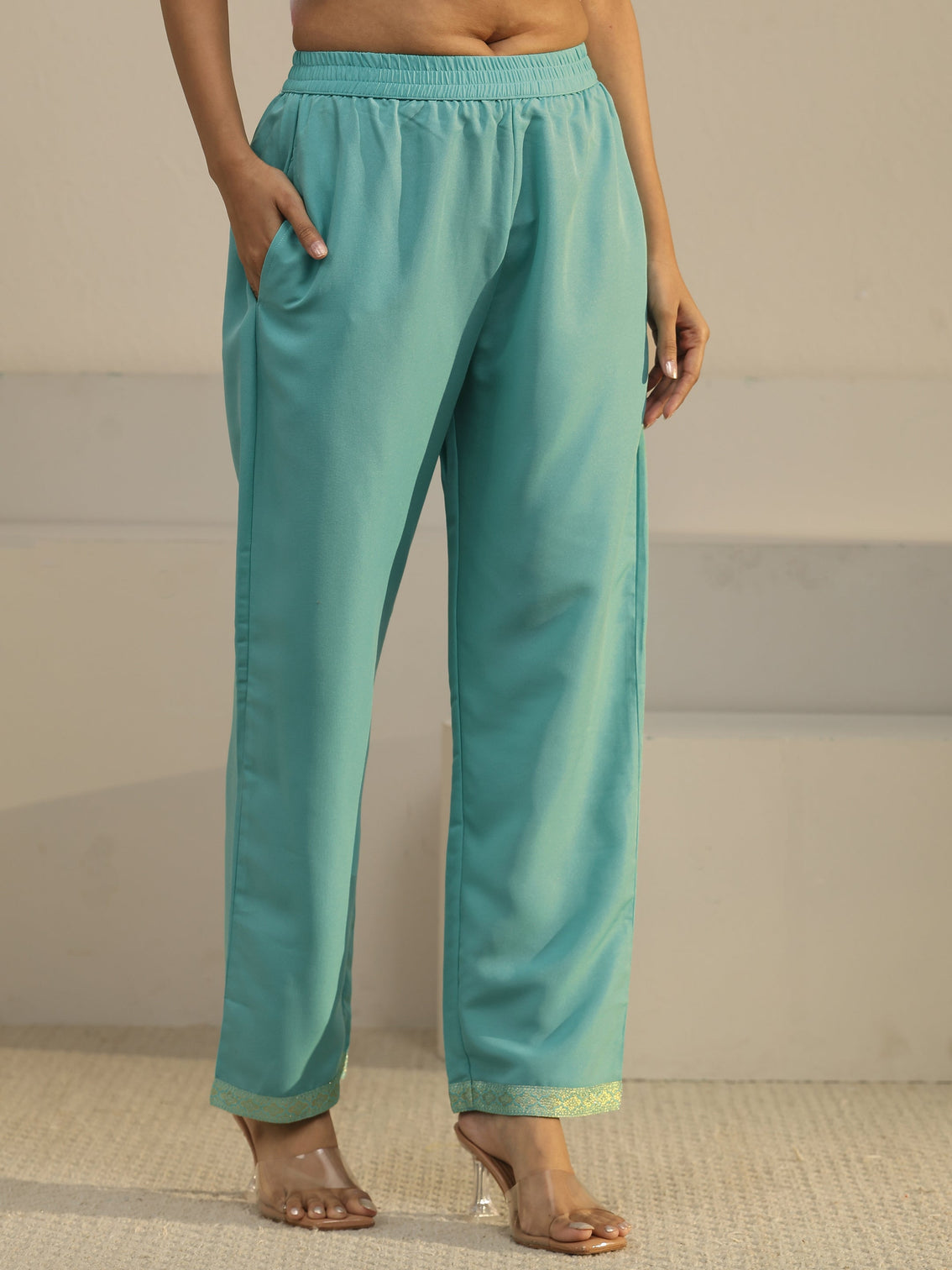 Mameraa Turquoise Blue Floral Embroidered Silk Blend Straight Suit Set