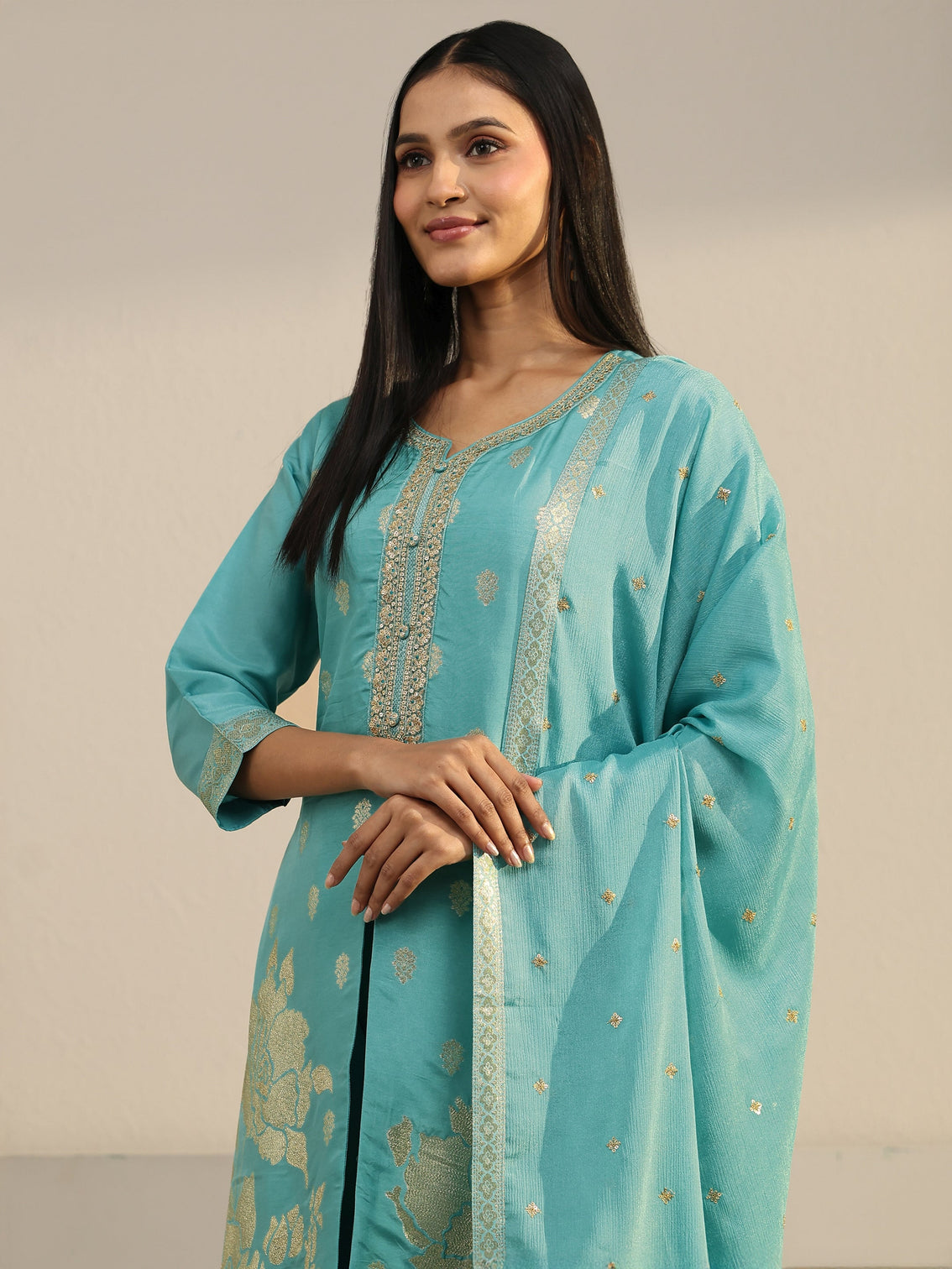 Mameraa Turquoise Blue Floral Embroidered Silk Blend Straight Suit Set