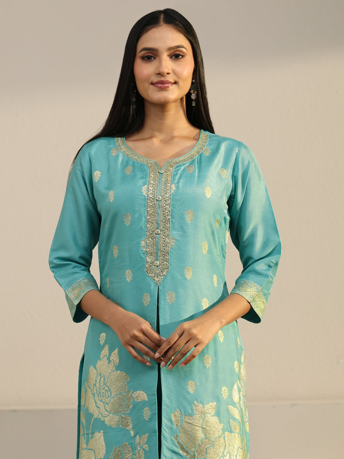 Mameraa Turquoise Blue Floral Embroidered Silk Blend Straight Suit Set