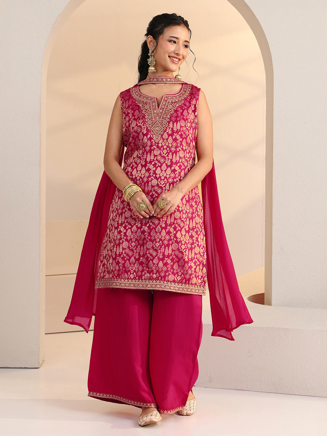 Mameraa Rani Pink Woven Design Silk Blend Palazzo Suit Set