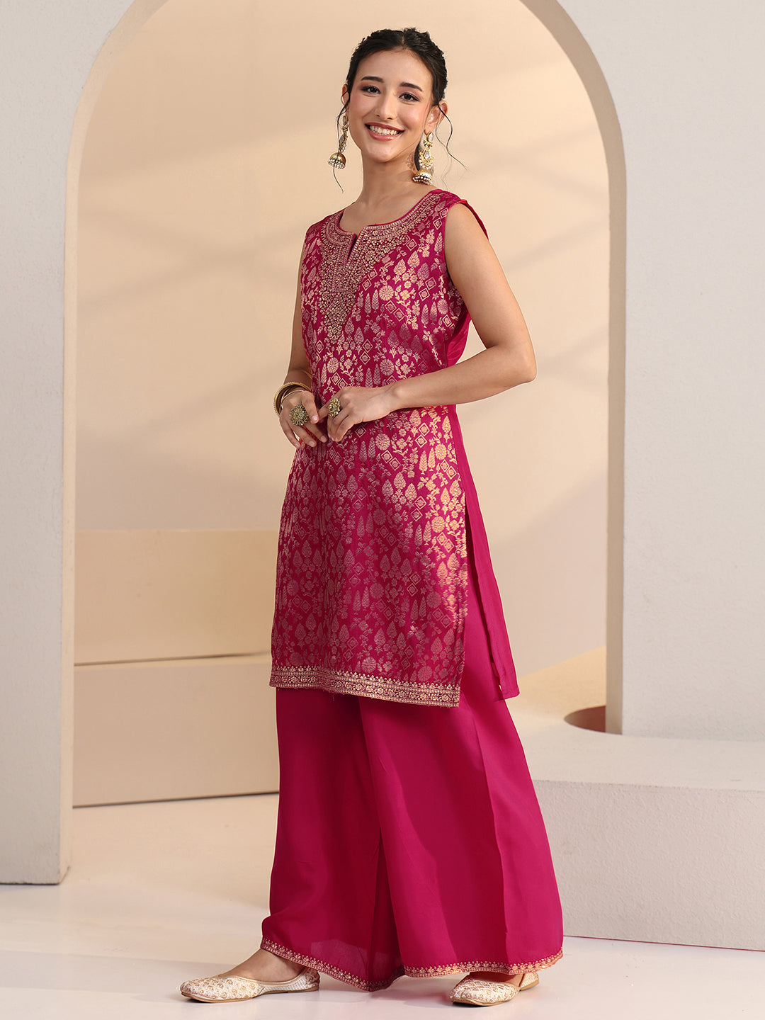 Mameraa Rani Pink Woven Design Silk Blend Palazzo Suit Set