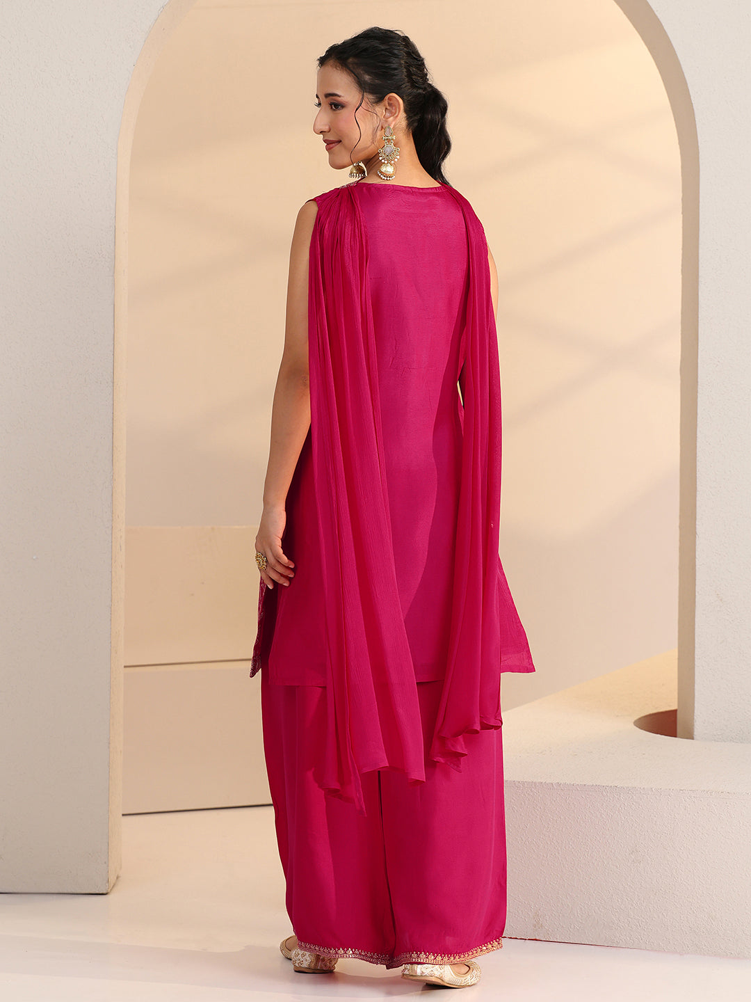 Mameraa Rani Pink Woven Design Silk Blend Palazzo Suit Set