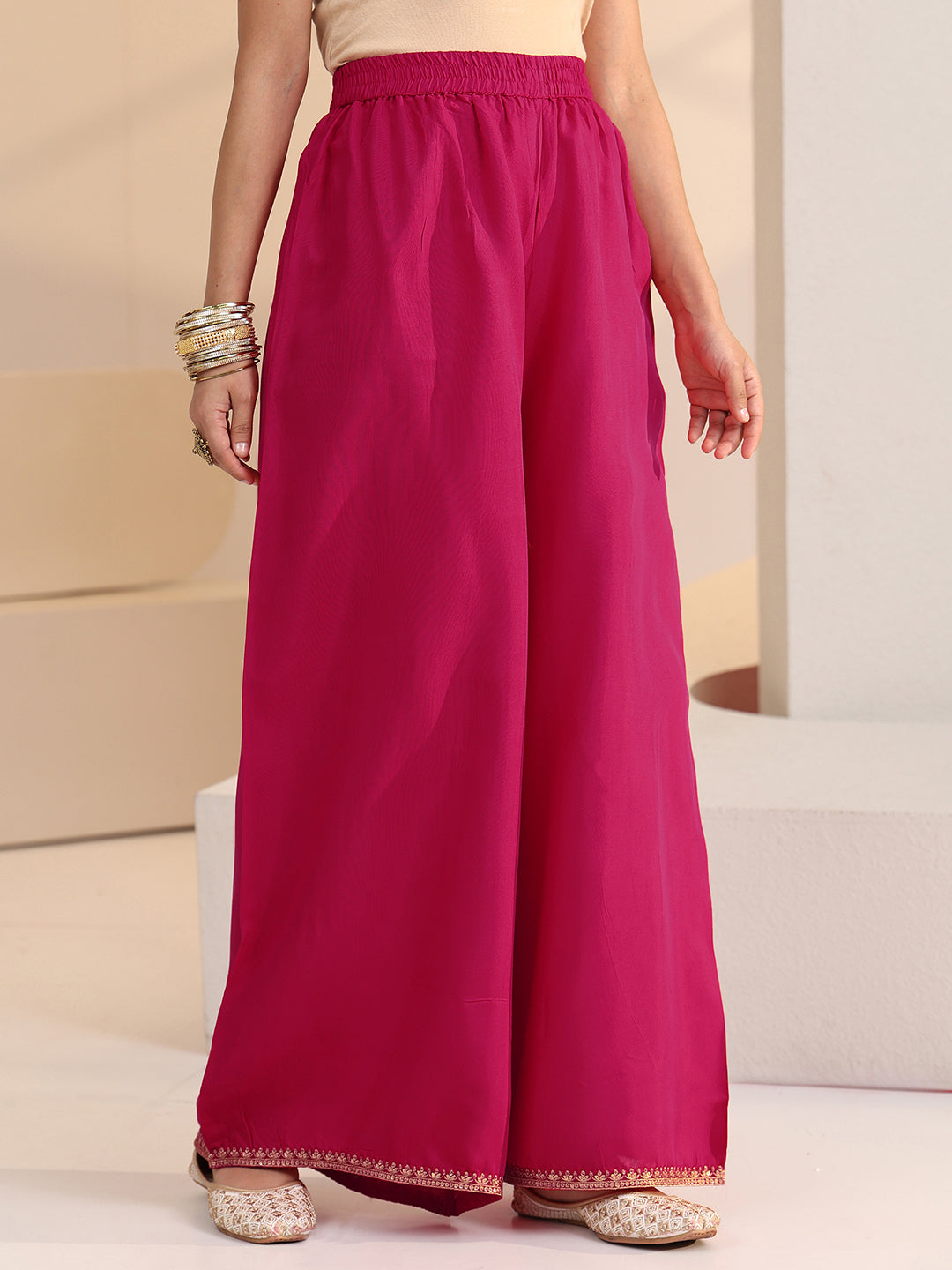 Mameraa Rani Pink Woven Design Silk Blend Palazzo Suit Set